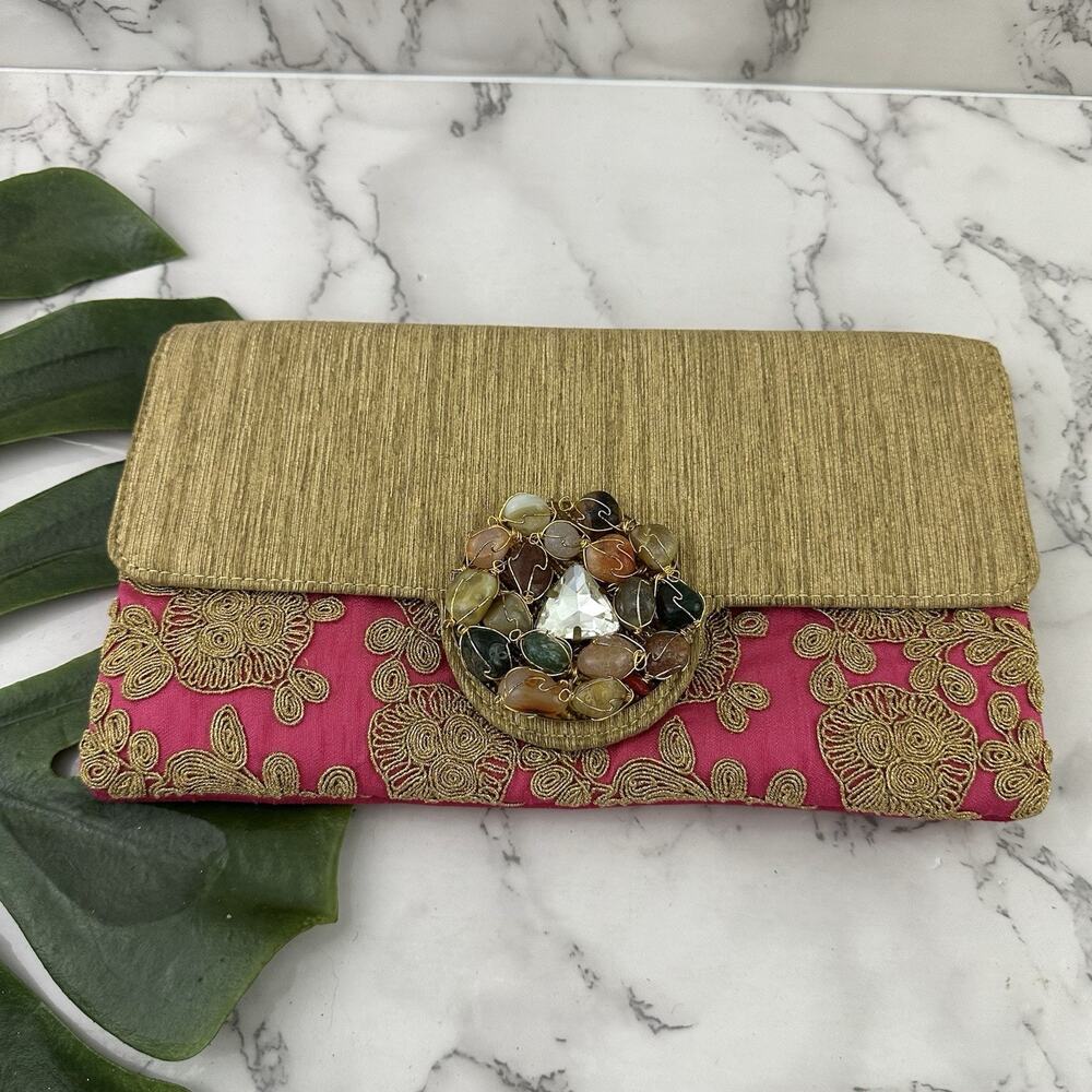 Smera Clutch Purse Bag Pink Gold Embroidered Crystals Stones Beaded Floral